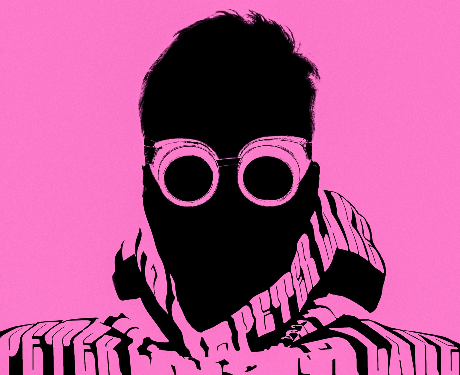 Peter Lake's black silhouette and round glasses against vivid pink